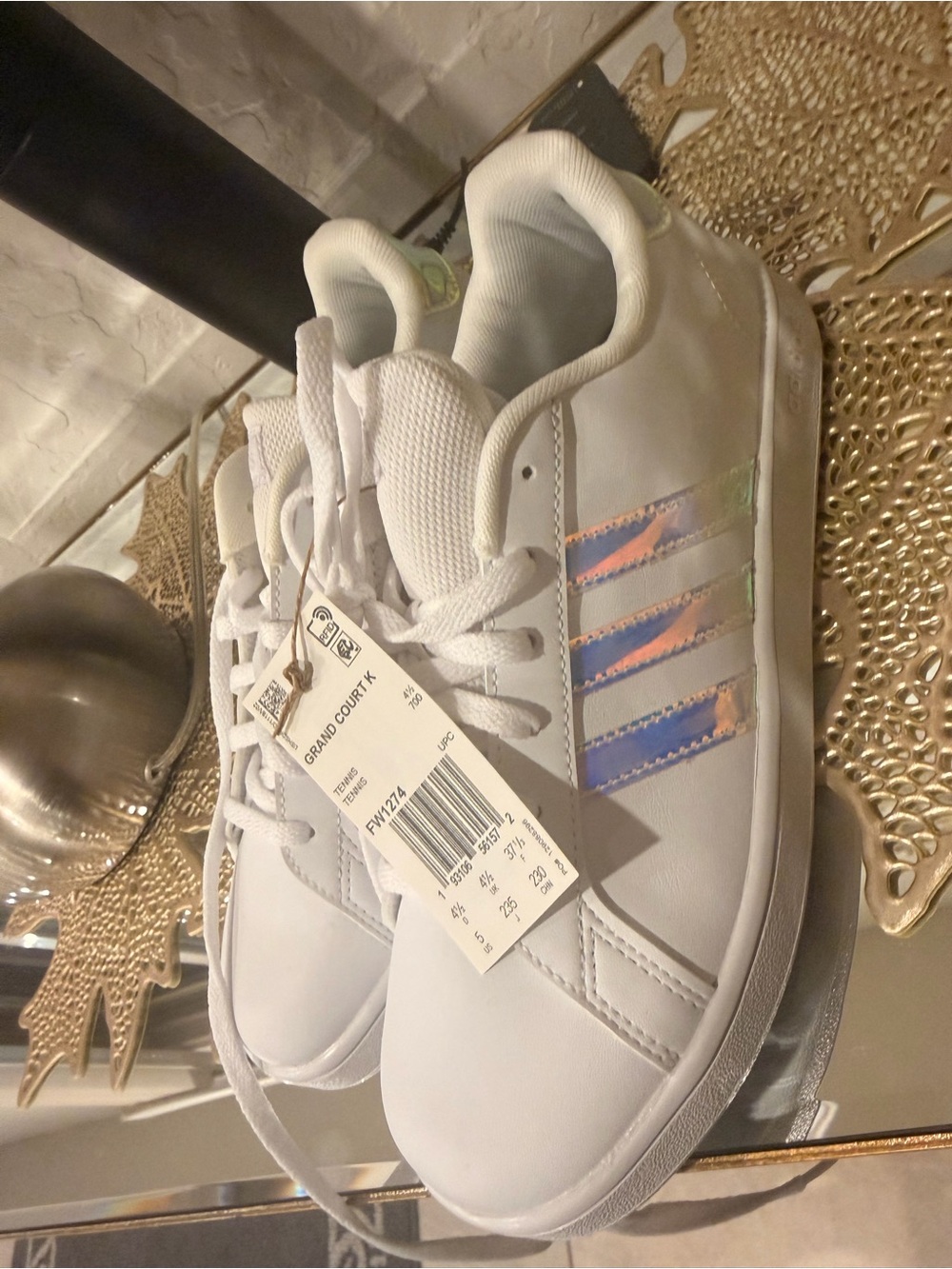adidas Kids White Sneakers with Iridescent Three Stripes